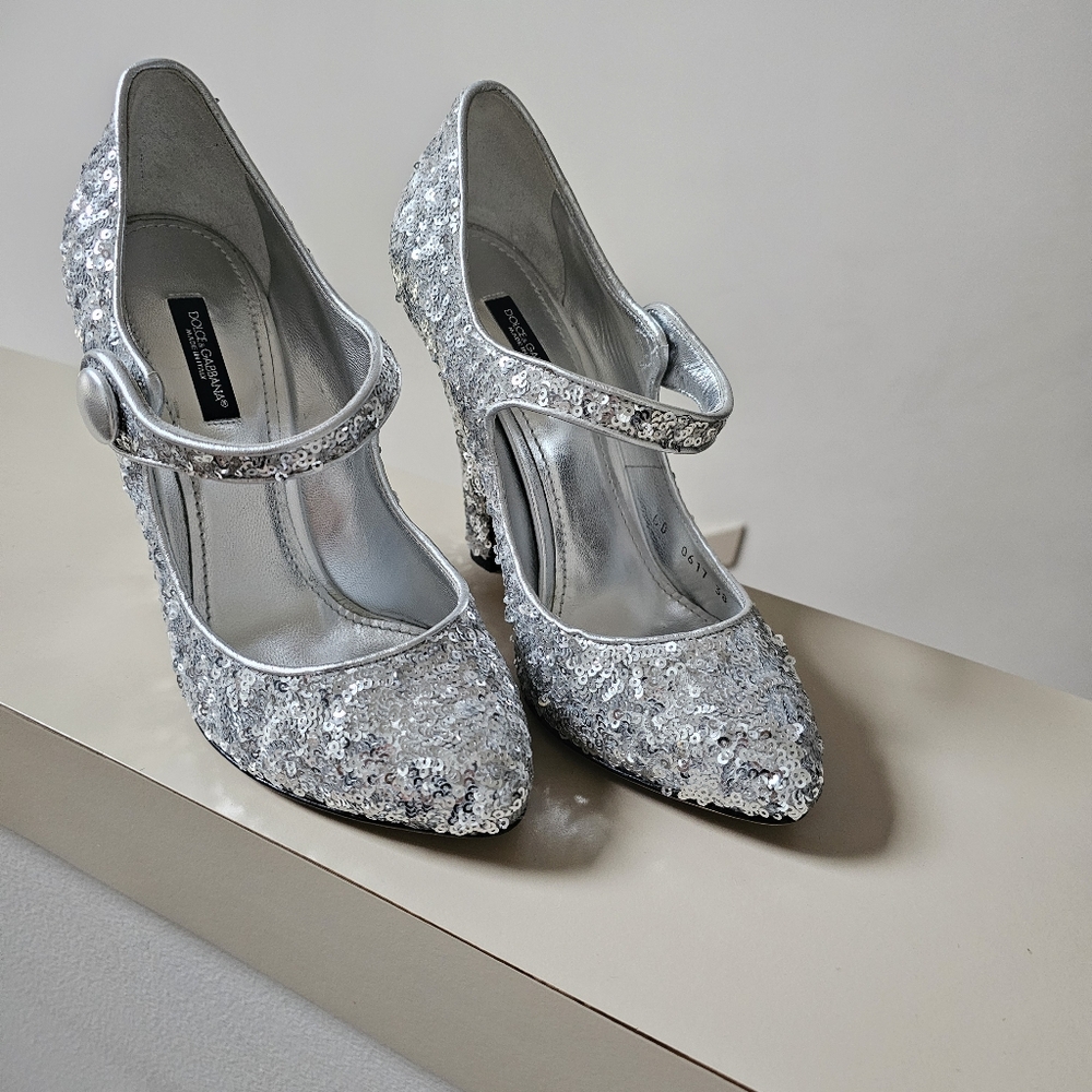 Dolce & Gabbana Silver Heels with Intricate Lace Design
